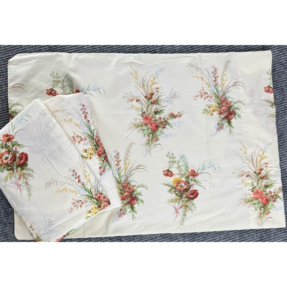 Vintage Sears Twin Sheet Set Pillowcase Floral Wildflower 1970s Cottage Granny